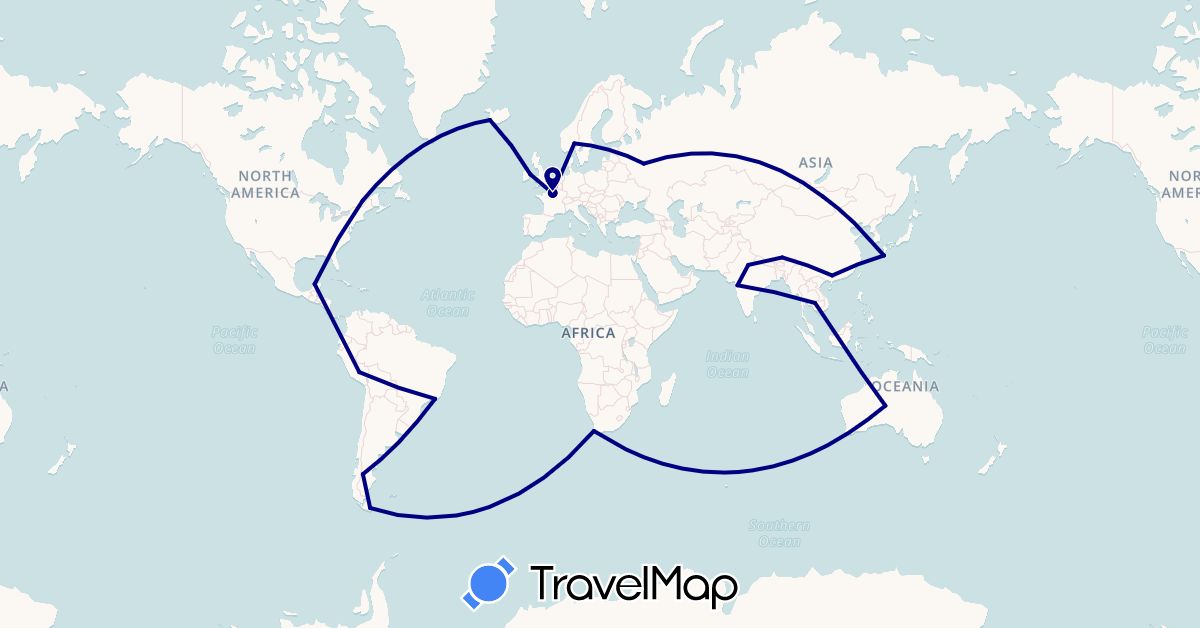 TravelMap itinerary: driving in Argentina, Australia, Brazil, Canada, China, France, Ireland, India, Iceland, Japan, Cambodia, Mongolia, Mexico, Netherlands, Norway, Peru, Russia, South Africa (Africa, Asia, Europe, North America, Oceania, South America)